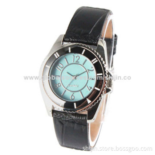 Vogue Stainless Steel Watch with Genuine Leather Band, Fashion Green Dial, OEM, China Manufacturer